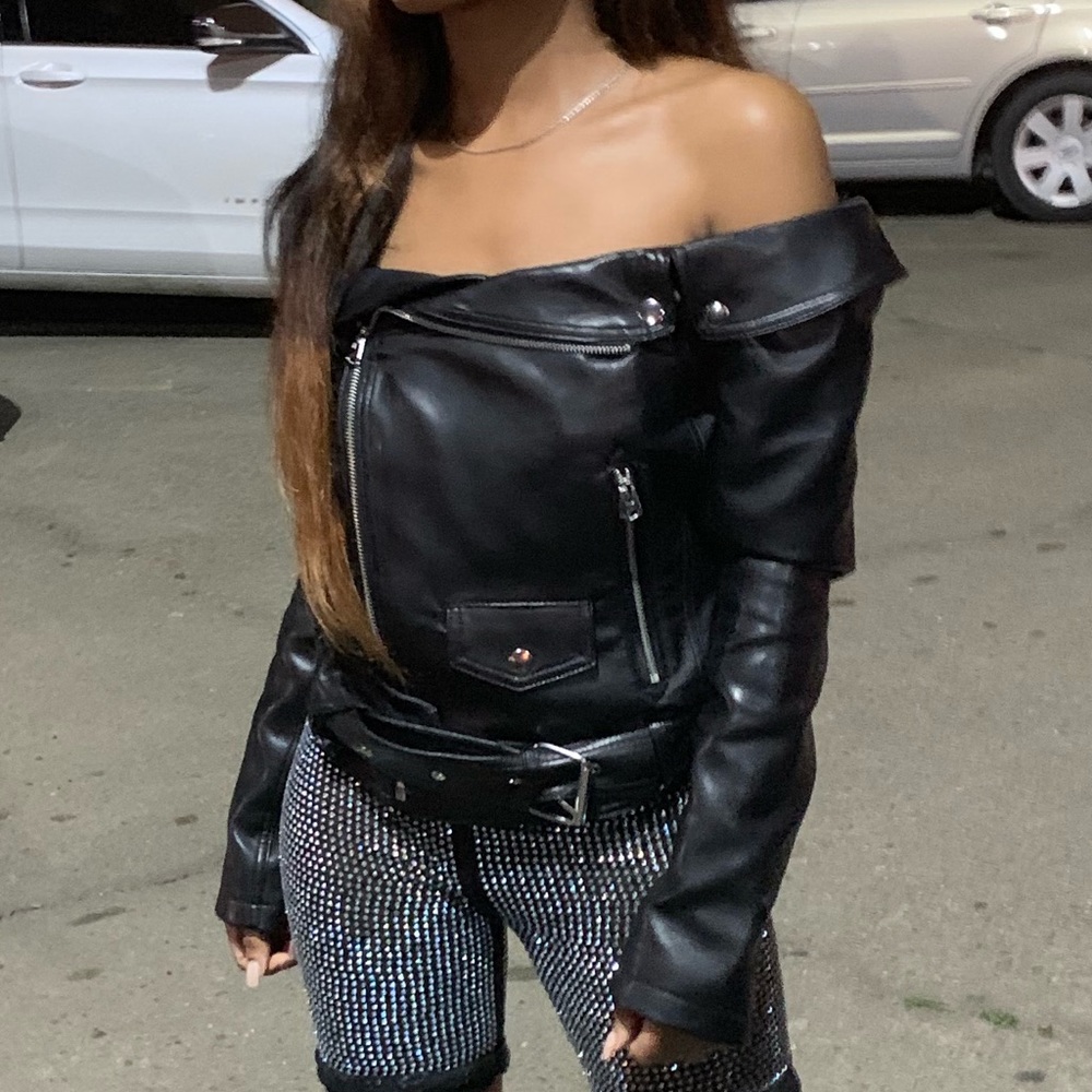 Off the shoulder leather jacket